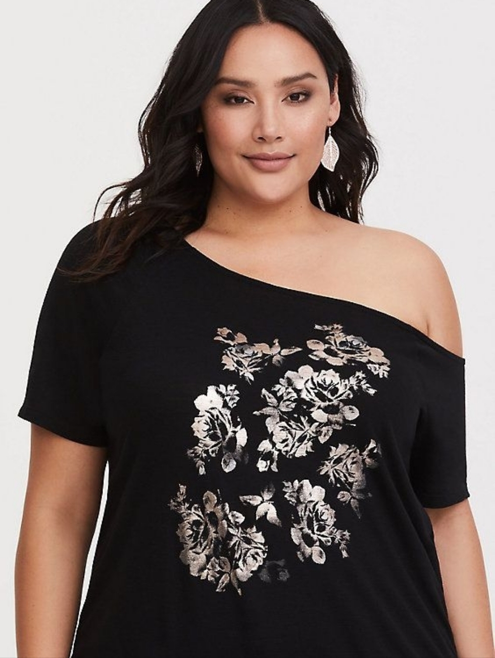 Torrid Plus Size Black Rose Off Shoulder Metallic Floral Print Blouse